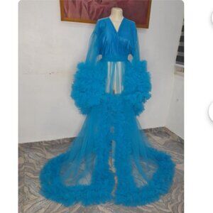 Maternity Vibrant Turquoise Sheer Ruffle Maxi Robe